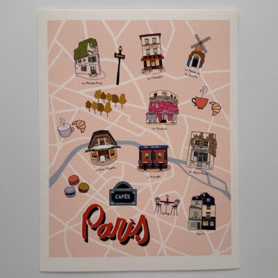 Paris Cafes illustrated map and sticker set