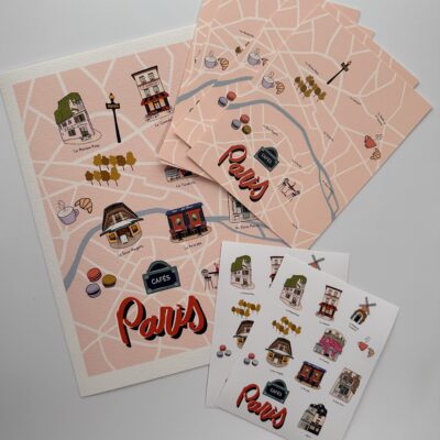 Paris Cafes illustrated map and sticker set